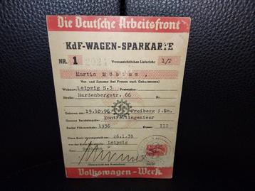 KdF Wagen Sparkarte 1939 met RM 1 Sparmarke beschikbaar voor biedingen