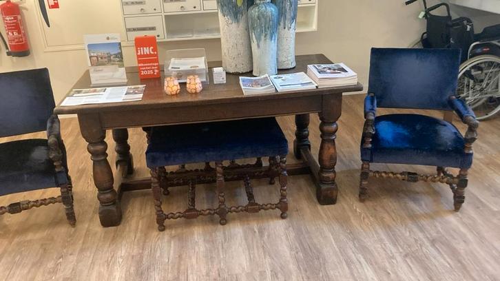 antieke houtentafel met stoelen, Huis en Inrichting, Tafels | Eettafels, Gebruikt, 50 tot 100 cm, Rechthoekig, Ophalen