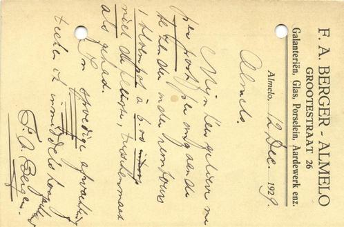 F.A. Berger, Almelo - 12.1929 - briefkaart, Postzegels en Munten, Brieven en Enveloppen | Nederland, Briefkaart, Ophalen of Verzenden