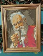 Hand geborduurd schilderij boer met pijp 45 x 55 cm (34x44), Hobby en Vrije tijd, Borduren en Borduurmachines, Ophalen of Verzenden