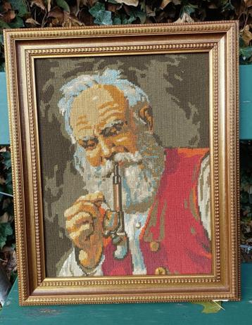 Hand geborduurd schilderij boer met pijp 45 x 55 cm (34x44) beschikbaar voor biedingen