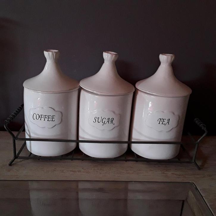 Set van 3 vintage voorraadpotten met rek, Huis en Inrichting, Keuken | Keukenbenodigdheden, Gebruikt, Ophalen of Verzenden