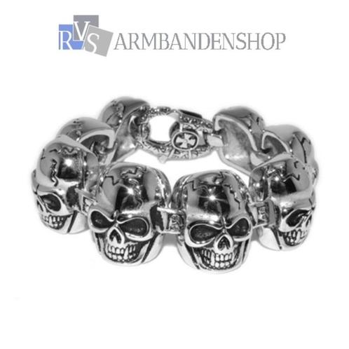 Rvs zilver staal bikers armband skull doodskop., Sieraden, Tassen en Uiterlijk, Armbanden, Nieuw, Staal, Zilver, Ophalen of Verzenden