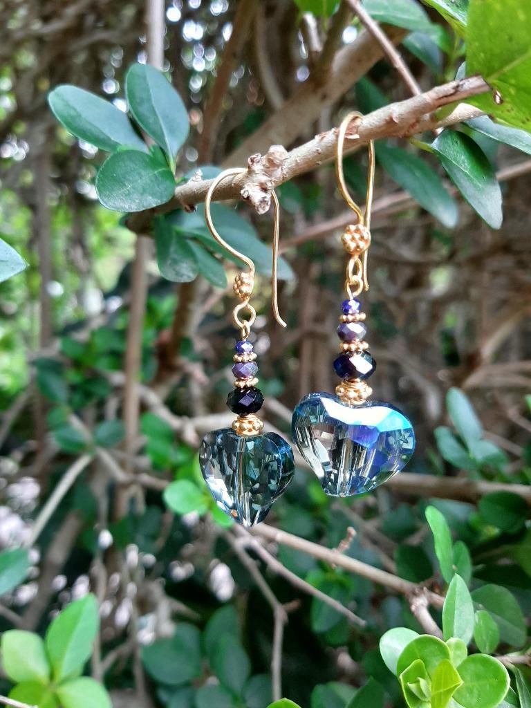 Oorbellen Love and Blue kristalglas facet -swarovski goud, Sieraden, Tassen en Uiterlijk, Oorbellen, Hangers, Blauw, Nieuw, Goud