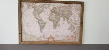 Ingelijste wereldkaart landkaart antieke weergave linnen