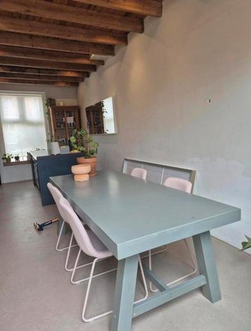 Grote houten eettafel 220 x 90 groen grijs a poten tafel beschikbaar voor biedingen