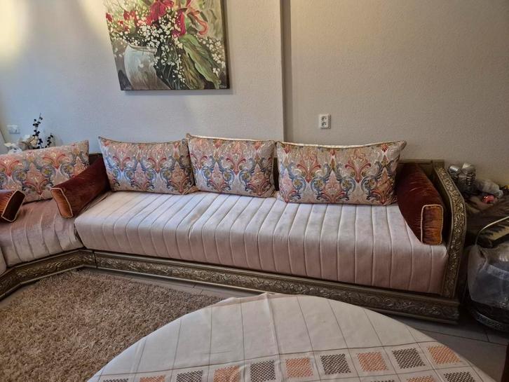 Marokkaanse bankstel plus tafel, Huis en Inrichting, Banken | Complete zithoeken, Gebruikt, Hout, Stof, Ophalen