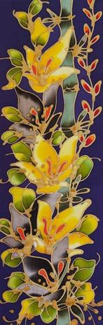 Batik abstract schilderij op zijde met bloemen, Ophalen of Verzenden