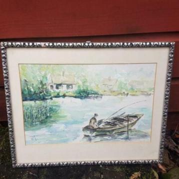 Aquarel vissen bij Marken Binnen gesigneerd NHM beschikbaar voor biedingen