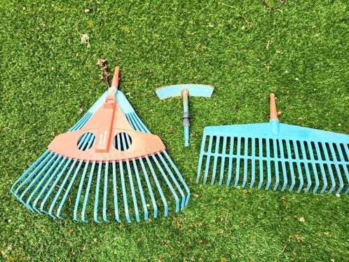Gardena tuin- en bladhark + schoffel + aanaarder, Tuin en Terras, Hand-tuingereedschap, Gebruikt, Schoffel, Ophalen of Verzenden