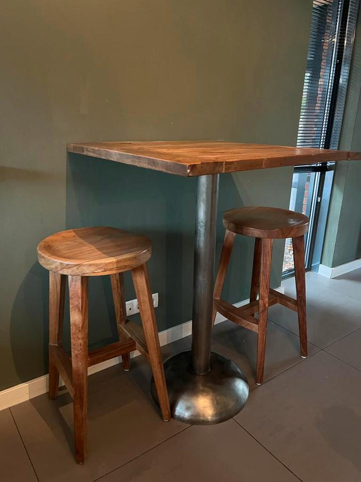 Massief Houten Bartafel + 2 Barkrukken, Huis en Inrichting, Tafels | Statafels, Gebruikt, Ophalen of Verzenden