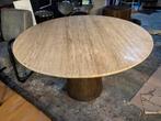 Tafel aikin rond travertine mango hout poot hoge korting, Huis en Inrichting, Tafels | Eettafels, Nieuw, 100 tot 150 cm, Overige materialen