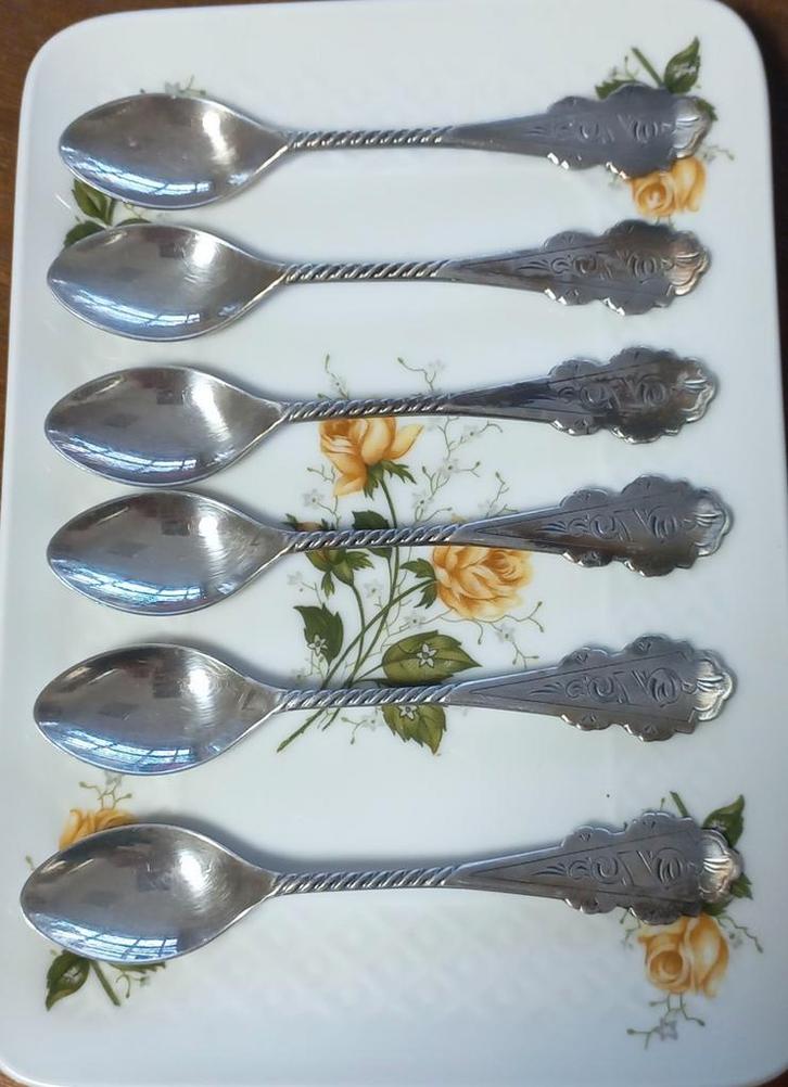 Set van 6 verzilverde brocante lepeltjes, D.E., HH 100, Antiek en Kunst, Curiosa en Brocante, Ophalen of Verzenden