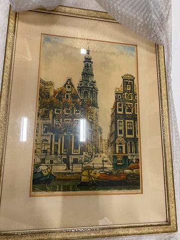 Ingelijste Tekening Stadsgezicht Amsterdam beschikbaar voor biedingen