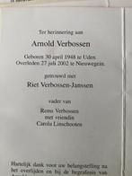 Verbossen x Janssen 1948 Uden 2002 Nieuwegein, Verzamelen, Bidprentjes en Rouwkaarten, Ophalen of Verzenden, Bidprentje