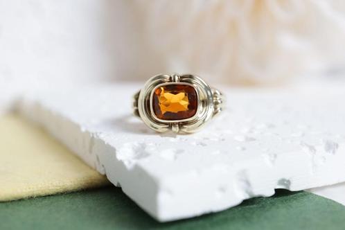 14 Karaat Gouden Ring met Vierkant Geslepen Citrien, Sieraden, Tassen en Uiterlijk, Ringen, Zo goed als nieuw, Dame, 18 tot 19