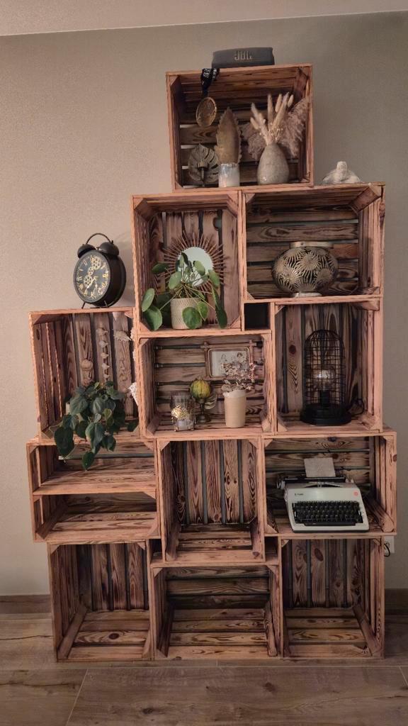 Unieke wandkast van houten kratten, Huis en Inrichting, Kasten | Boekenkasten, Zo goed als nieuw, 100 tot 150 cm, 150 tot 200 cm