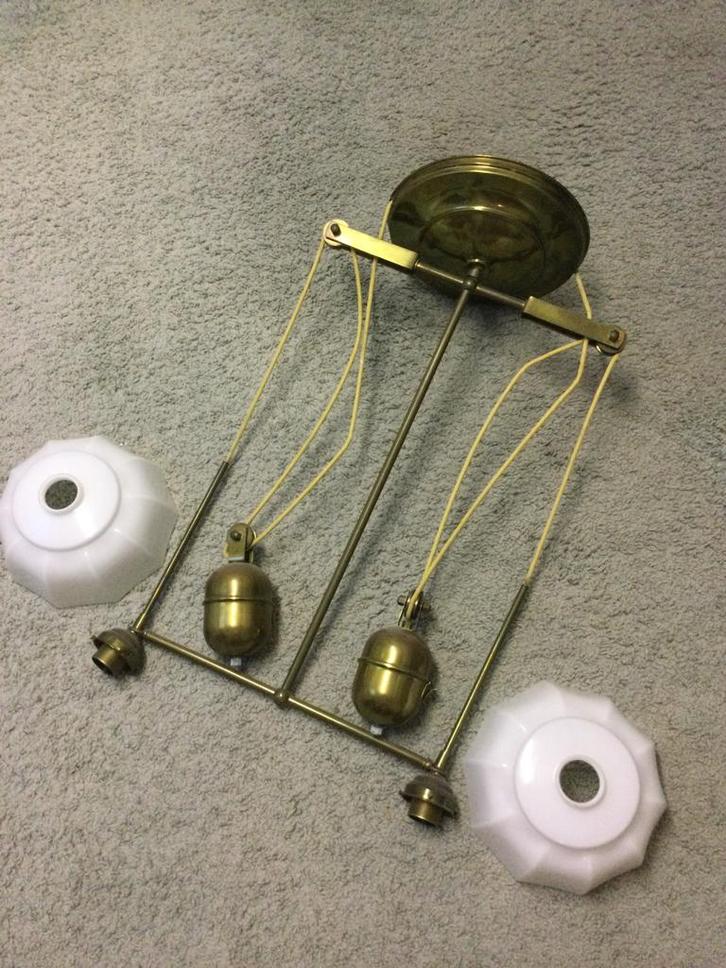 Koperen Hanglamp, Huis en Inrichting, Lampen | Hanglampen, Gebruikt, 50 tot 75 cm, Glas, Metaal, Ophalen