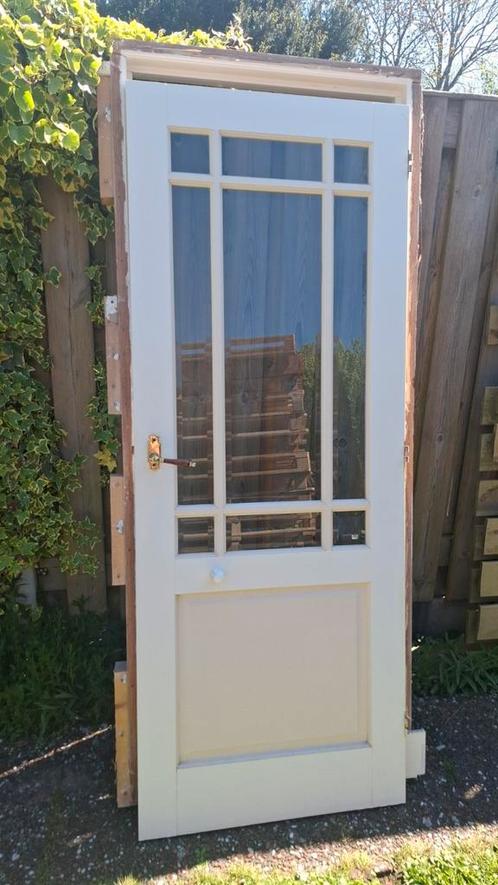 Binnendeur met geslepen glas en kozijn., Doe-het-zelf en Verbouw, Deuren en Horren, Gebruikt, Binnendeur, 200 tot 215 cm, Minder dan 80 cm