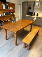 Massief eiken tafel met bankje – verrijdbaar en robuust, Ophalen, Gebruikt, 50 tot 100 cm, Eikenhout