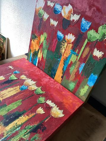 2 Vrolijke Canvasdoeken 60x60cm beschikbaar voor biedingen