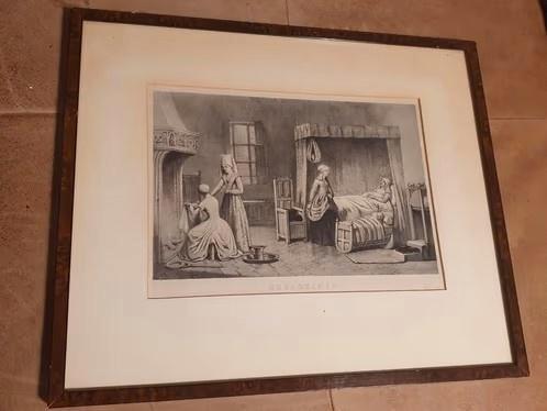 1860 kraamkamer Bevalling Charles Binger en David Emrik, Antiek en Kunst, Kunst | Etsen en Gravures, Ophalen
