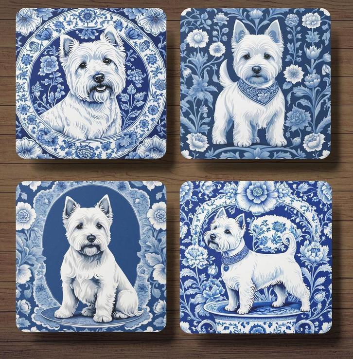 Westie Delfts Blauw onderzetters met houder, Huis en Inrichting, Woonaccessoires | Onderzetters, Nieuw, Glas of Kopje, Ophalen of Verzenden