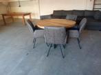 Mango houten ronde eettafel 130cm met 5 luxe stoelen, Huis en Inrichting, Stoelen, ., Ophalen of Verzenden, Zo goed als nieuw