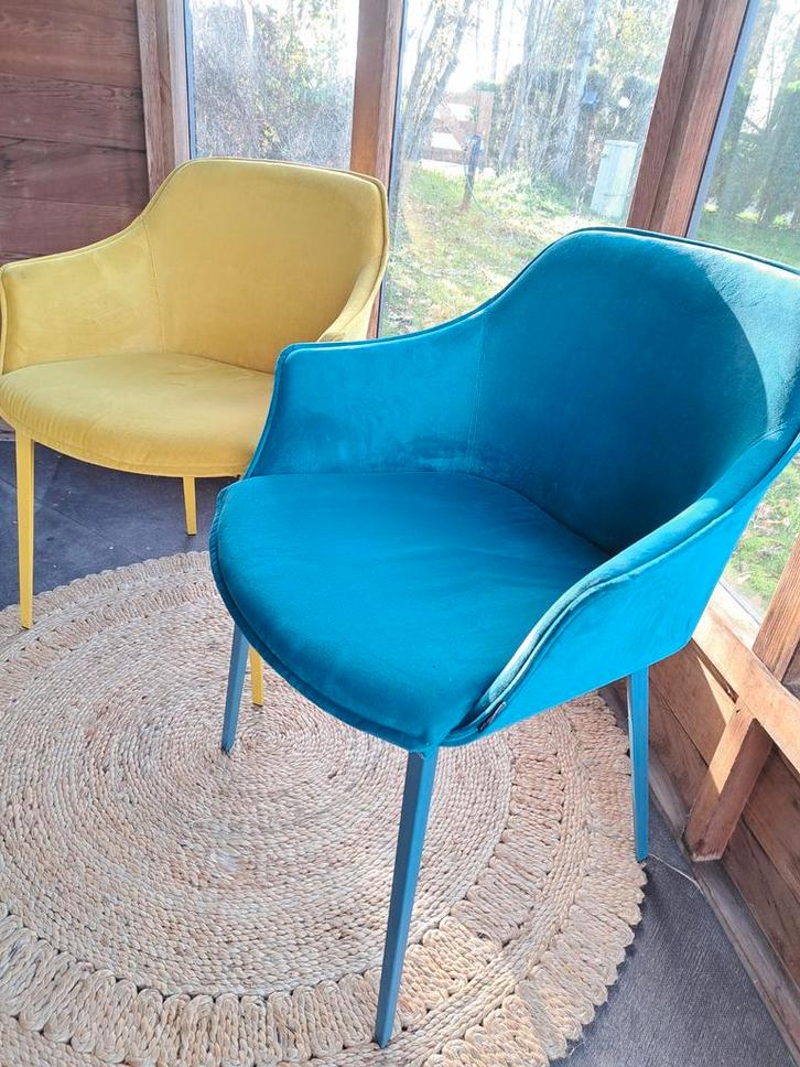 4x fauteuil evt per 2 okergeel petrol kwaliteit mobliberica, Huis en Inrichting, Fauteuils, Zo goed als nieuw, Metaal, Stof, 50 tot 75 cm