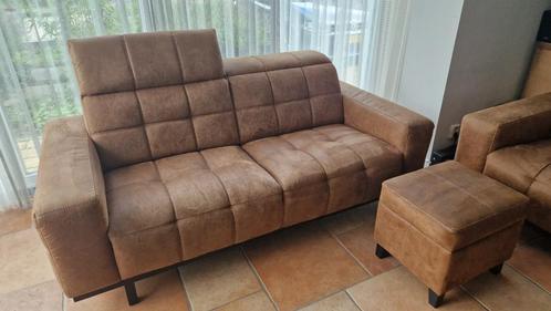 2xmooi cognac lederen bank2021,verstelbare hoofdsteun+hocker, Huis en Inrichting, Banken | Complete zithoeken, Gebruikt, Leer