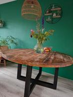 Mangohouten ronde tafel met stalen onderstel., Ophalen, Zo goed als nieuw, Vijf personen of meer, Rond