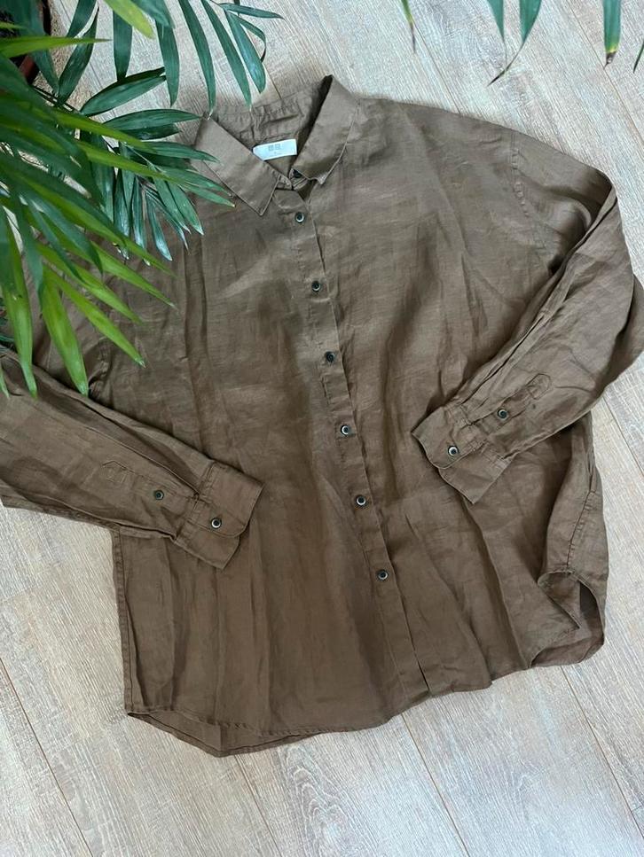 Uniqlo 100% linnen blouse, Kleding | Dames, Blouses en Tunieken, Zo goed als nieuw, Maat 46/48 (XL) of groter, Bruin, Ophalen of Verzenden