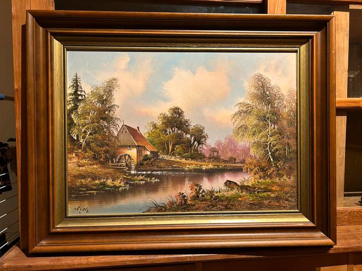 Landschapsschilderij met watermolen, Antiek en Kunst, Kunst | Schilderijen | Klassiek, Ophalen