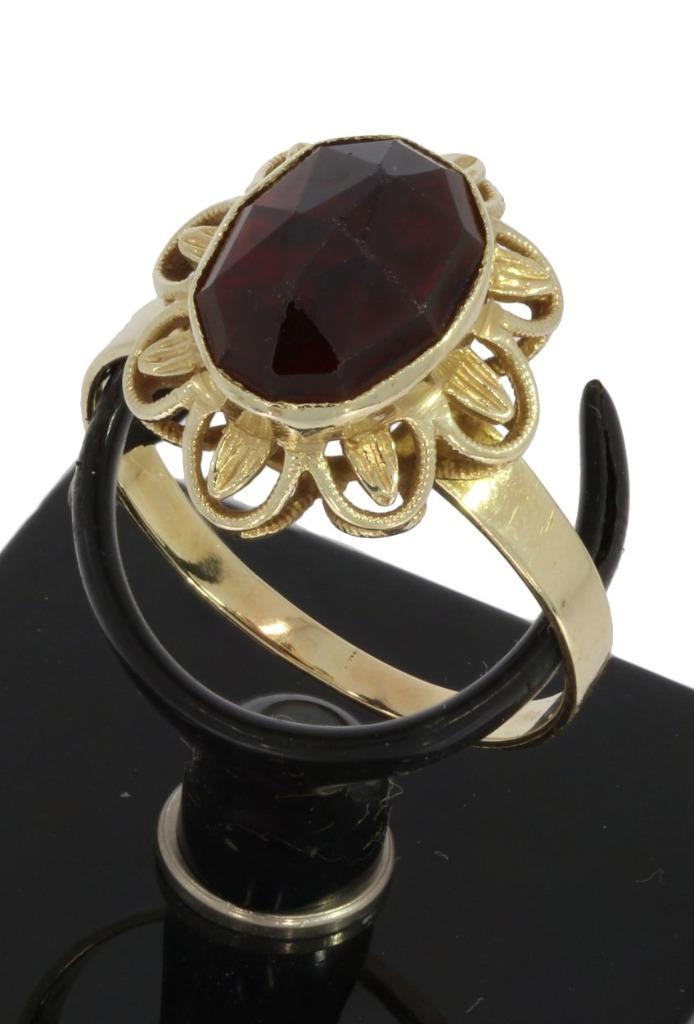 Granaat bloem 14k gouden fraaie vintage dames ring klassiek, Sieraden, Tassen en Uiterlijk, Antieke sieraden, Ring, Goud, Met edelsteen