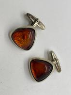 A306 Prachtige zilveren manchetknopen barnsteen, Ophalen of Verzenden, Zilver, Manchetknopen, Met edelsteen