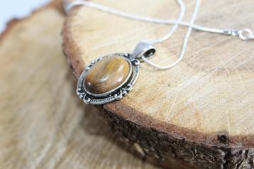 Tijgeroog kettinghanger -Bruine steen hanger met halsketting