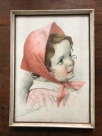 Vintage Kinderportret met Rode Doek, Antiek en Kunst, Kunst | Tekeningen en Foto's, Ophalen of Verzenden