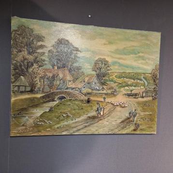 Vintage C’est  La Vie schilderij dorpsaanzicht beschikbaar voor biedingen