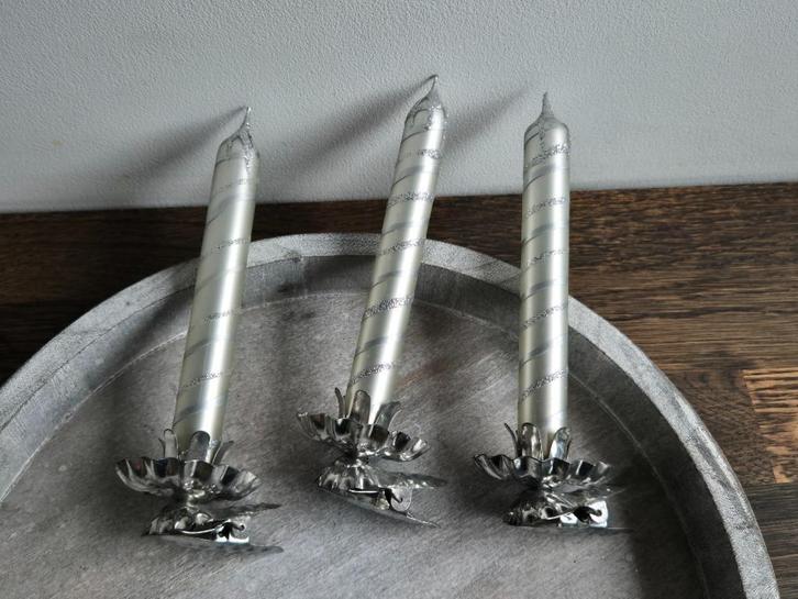 3 vintage kaarsjes op knijper zilver, Diversen, Kerst, Gebruikt, Ophalen of Verzenden