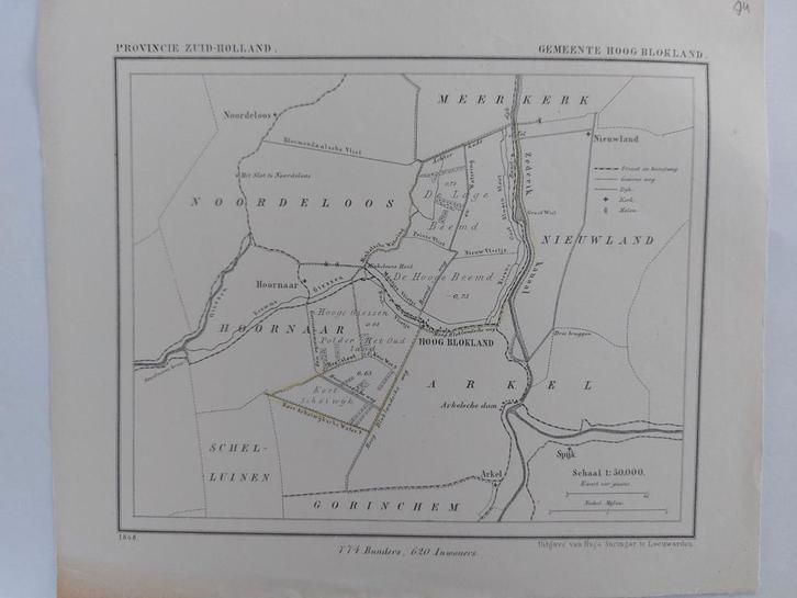 74 / Hoog Blokland hoornaar Noordeloos Litho 1868 J. Kuyper, Antiek en Kunst, Kunst | Litho's en Zeefdrukken, Ophalen of Verzenden