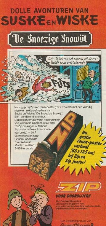 Retro reclame 1981 Zip chocola met Suske Wiske poster Snowij beschikbaar voor biedingen