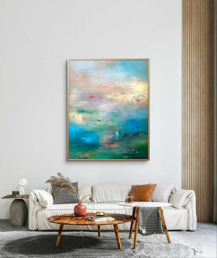 Abstract landschap met structuur en goud – 70x90 cm, Antiek en Kunst, Kunst | Schilderijen | Abstract, Ophalen