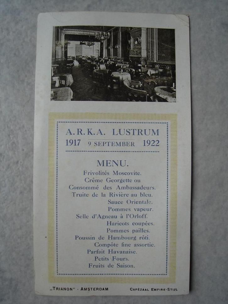 Menukaart Trianon Amsterdam 1922, Boeken, Geschiedenis | Stad en Regio, Zo goed als nieuw, 20e eeuw of later, Ophalen of Verzenden