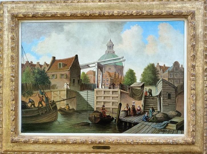 Johannes F Hulk 1829 - 1911 Bedrijvigheid bij de ophaalbrug., Antiek en Kunst, Kunst | Schilderijen | Klassiek, Ophalen of Verzenden