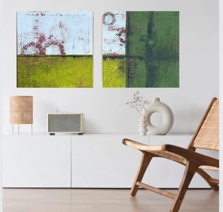 Kleurrijke tweeluik modern schilderij, set van  twee, Ophalen of Verzenden