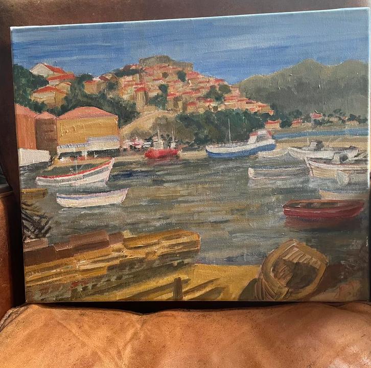 Schilderij  havengezicht met bootjes, Antiek en Kunst, Kunst | Schilderijen | Klassiek, Ophalen of Verzenden