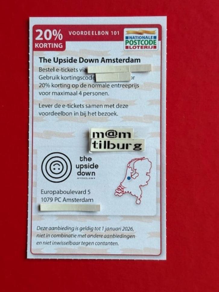 Voordeelbon 101 The Upside Down Amsterdam 20% korting., Tickets en Kaartjes, Kortingen en Cadeaubonnen, Drie personen of meer