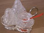 Vintage peper, zout en mosterd stel glas in zilverkleurige h, Antiek en Kunst, Ophalen of Verzenden