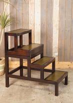 Oud brocante houten bibliotheektrapje met groen leder, Ophalen