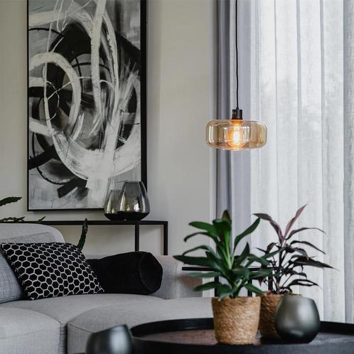 2 QAZQA Art Deco hanglampen zwart met amber glas - Bizle, Huis en Inrichting, Lampen | Hanglampen, Nieuw, 75 cm of meer, Glas
